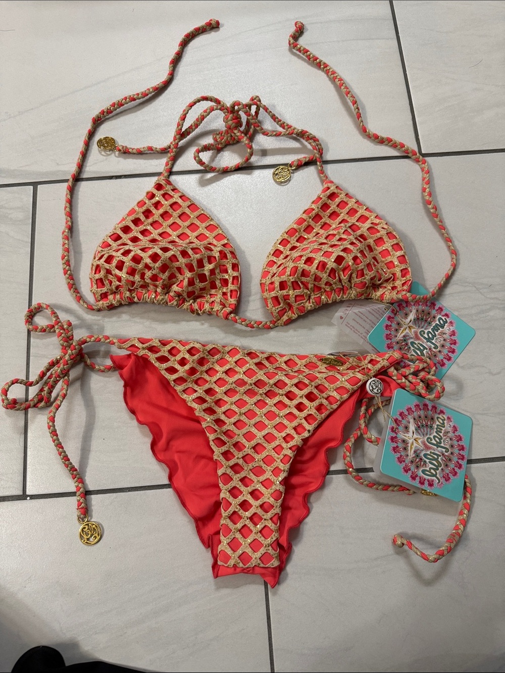 Luli Fama coral/Red and Gold Crochet-Overlay Triangle Bikini
